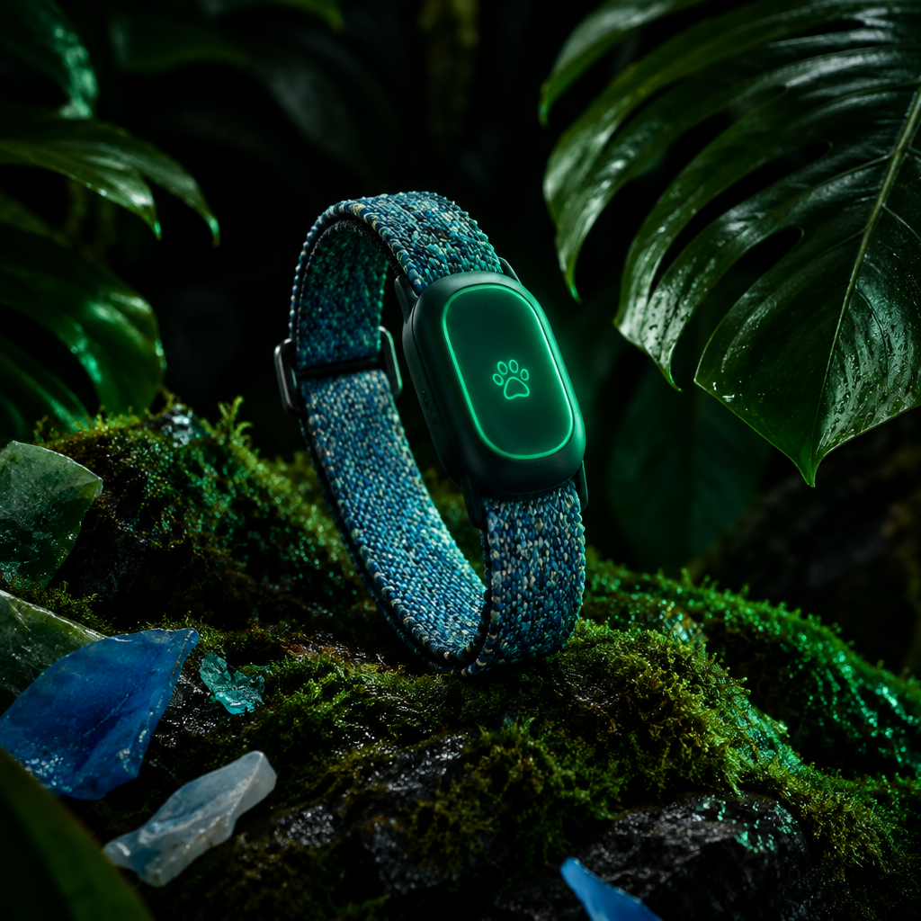 The WAG band with a strap woven from recycled ocean plastic, resting on wet jungle moss
